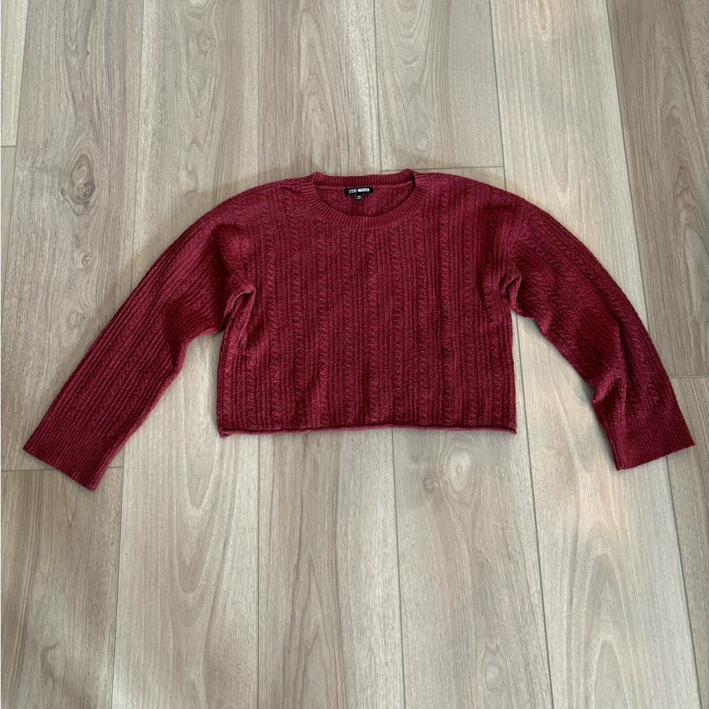 Steve Madden Women Aerin Cable-Knit Crew Neck Sweater Tibetan RED Medium Cropped